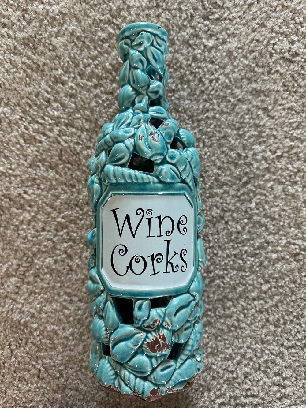 Kirklands Turquoise Ceramic Wine Cork Bottle